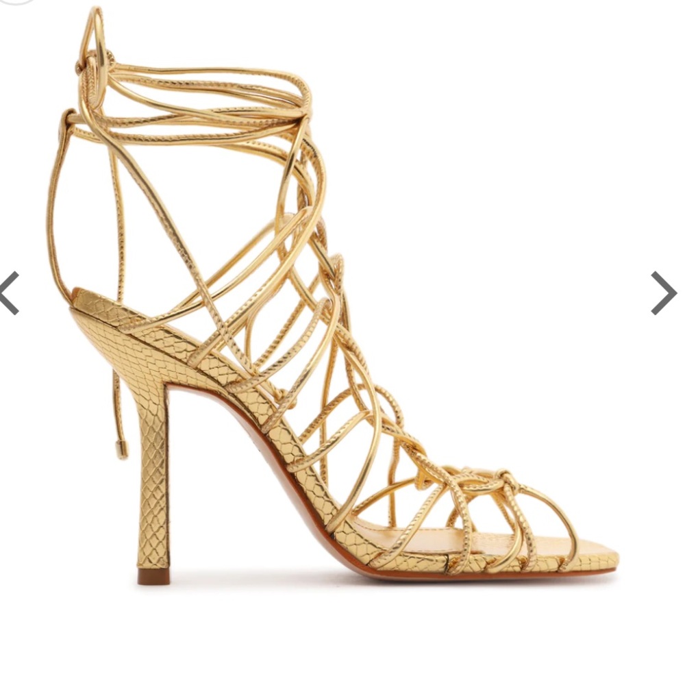 Schutz Womens Heyde Sandal Heel Gold Metallic Leather Ultra High Square Toe 7